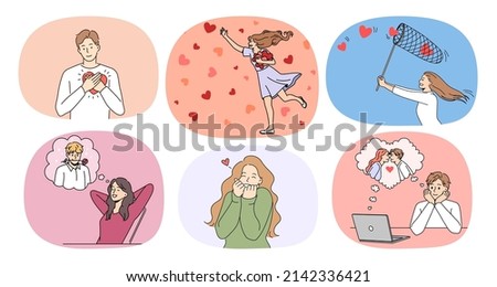 Set of happy young people catch hearts with net look for love. Collection of smiling men and women feel affection and romance enjoy relationships with partners. Relation. Vector illustration. 