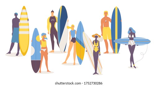 Set von glücklichen jungen Menschen verschiedener Nationalitäten mit Surfbrettern.