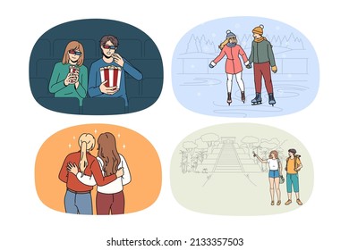 Set of happy young people have fun relax together on leisure weekend. Collection of diverse friends enjoy vacation, rest in cinema or skating outdoors. Flat vector illustration. 