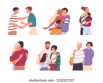 Set of happy young people hugging each other