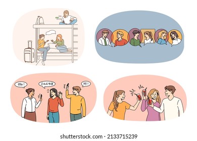 Set of happy young people students communicate relax together. Collection of smiling friends rest enjoy communication. Friendship and diversity concept. Vector illustration. 