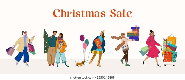 Set of happy young people in a supermarket queue carrying Christmas gift boxes and shopping and bags. Men and Women queuing with New Year presents for winter holidays. Vector illustrations. Isolated