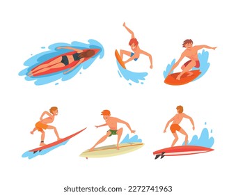 Set of happy young people in swimwear surfing in sea set. Make and female surfers in beachwear riding surfboards cartoon vector illustration