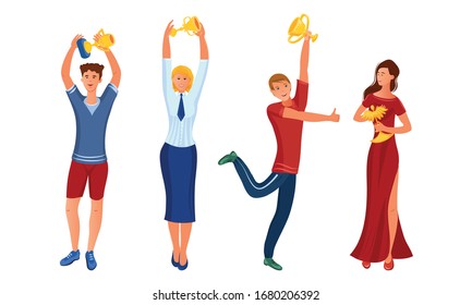 Set of happy young people with winner cups. Vector illustration in flat cartoon style.