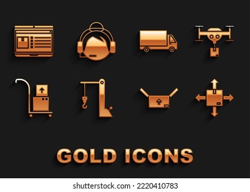 Set Harbor port crane, Delivery drone with the package, Cardboard box traffic symbol, Hand truck and boxes, cargo vehicle, Laptop app delivery tracking and Support operator touch icon. Vector