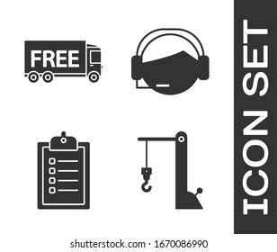 Set Harbor port crane, Free delivery service , Verification of delivery list clipboard  and Support operator in touch icon. Vector