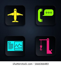 Set Harbor port crane, Plane , Postcard  and Telephone with speech bubble chat . Black square button. Vector