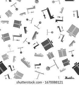 Set Harbor port crane, Scale , Gift box  and Cargo ship with boxes delivery service  on seamless pattern. Vector