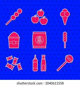 Set Hard bread chucks crackers, Sauce bottle, Lollipop, Corn dog, Candy, Popcorn in box, Ice cream waffle cone and Meatballs wooden stick icon. Vector