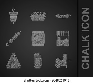 Set Hard bread chucks crackers, Thermos container, Fast street food cart, Street stall with awning, Onigiri, Grilled shish kebab, Hotdog sandwich and  icon. Vector
