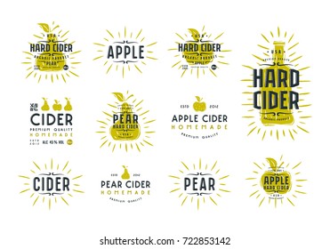 Set of hard cider label and logo. Graphic design with illustration in linocut style