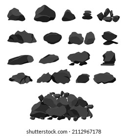 Set of hard coal. Black stones in flat style. Rock graphite coal vector illustration.