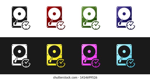 Set Hard disk drive with clockwise sign, data recovery icon isolated on black and white background. Vector Illustration
