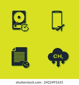 Set Hard disk drive with clockwise, Methane emissions reduction, Share file and Flight mode in the mobile icon. Vector