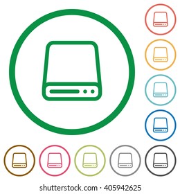 Set of Hard disk drive color round outlined flat icons on white background