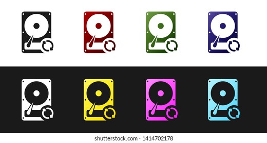 Set Hard disk drive HDD sync refresh icon isolated on black and white background. Vector Illustration
