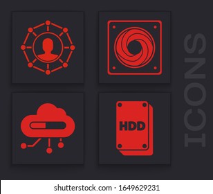 Set Hard disk drive HDD, Project team base, Computer cooler and Internet of things icon. Vector