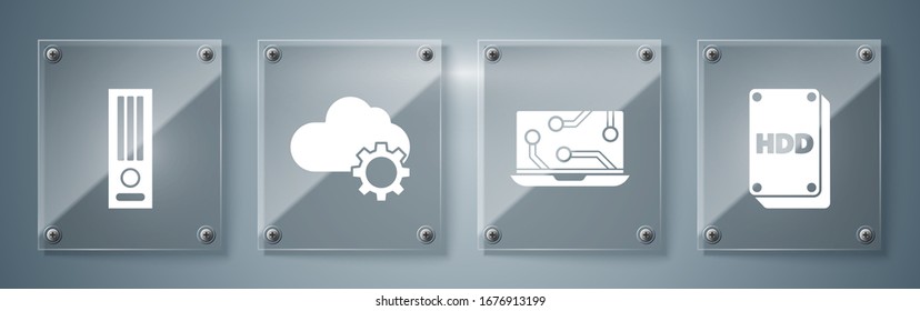 Set Hard disk drive HDD, Laptop, Cloud technology data transfer and storage and Video game console. Square glass panels. Vector