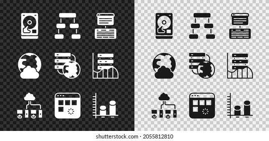 Set Hard disk drive HDD, Hierarchy organogram chart, Server, Data, Web Hosting, Computer network, Loading data window, analysis, Social and Network cloud connection icon. Vector