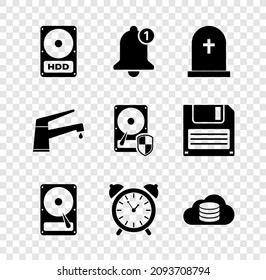 Set Hard disk drive HDD, Bell, Tombstone with cross, , Alarm clock and Cloud database icon. Vector