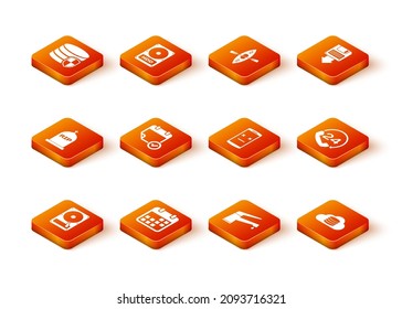 Set Hard disk drive HDD, Calendar, Tombstone with RIP written, check mark, Water tap and Dead mobile icon. Vector