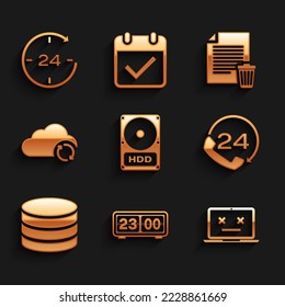 Set Hard disk drive HDD, Retro flip clock, Dead laptop, Telephone 24 hours support, Database and Cloud sync refresh icon. Vector