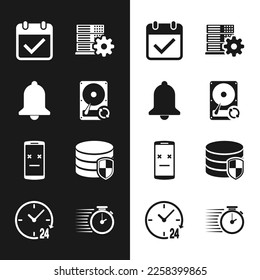 Set Hard disk drive HDD sync refresh, Ringing bell, Calendar with check mark, Server setting, Dead mobile and Database protection icon. Vector