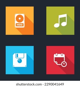 Set Hard disk drive HDD, Music note, tone, Floppy and Calendar and clock icon. Vector