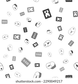 Set Hard disk drive HDD, Computer mouse,  and SSD card on seamless pattern. Vector