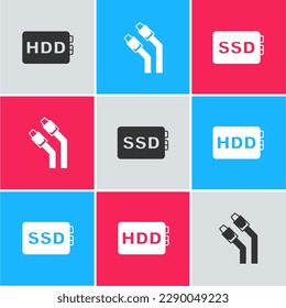 Set Hard disk drive HDD, LAN cable network internet and SSD card icon. Vector