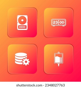 Set Hard disk drive HDD, Retro flip clock, Setting database server and IV bag icon. Vector