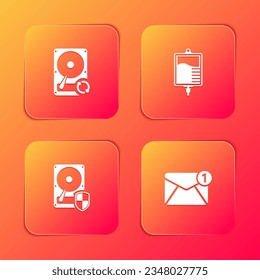 Set Hard disk drive HDD sync refresh, IV bag, protection and New, email incoming message icon. Vector