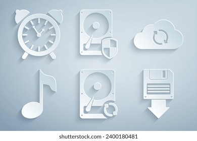 Set Hard disk drive HDD sync refresh, Cloud, Music note, tone, Floppy backup, protection and Alarm clock icon. Vector