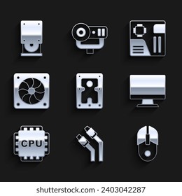 Set Hard disk drive HDD, LAN cable network internet, Computer mouse, monitor screen, Processor with CPU, cooler, Motherboard digital chip and Optical disc icon. Vector