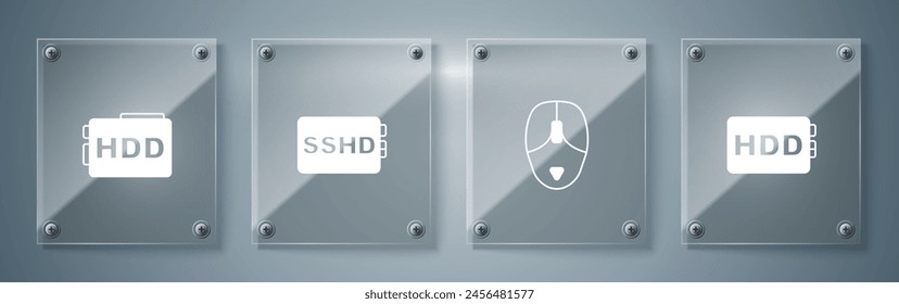Set Hard disk drive HDD, Computer mouse, SSHD card and . Square glass panels. Vector