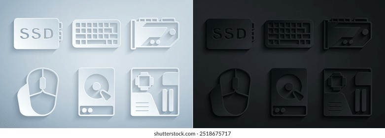 Video Unidad de disco duro HDD, tarjeta gráfica, ratón de la computadora, chip digital de la placa base, teclado e icono SSD. Vector