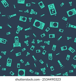 Set Hard disk drive HDD, Music player, Telephone and Flashlight on seamless pattern. Vector