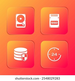 Set Hard disk drive HDD, SSD card, Database protection and Clock 24 hours icon. Vector