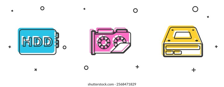 Set Hard disk drive HDD, Video graphic card and Optical disc icon. Vector