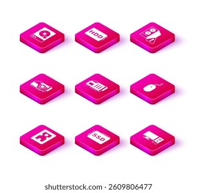 Set Hard disk drive HDD, SSD card, Video graphic, Computer monitor, mouse, Case of computer and  icon. Vector