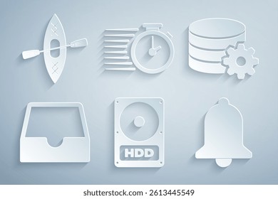Set Hard disk drive HDD, Setting database server, Social media inbox, Ringing bell, Stopwatch and Kayak and paddle icon. Vector