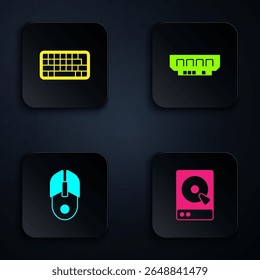 Set Hard disk drive HDD, Keyboard, Computer mouse and RAM, random access memory. Black square button. Vector