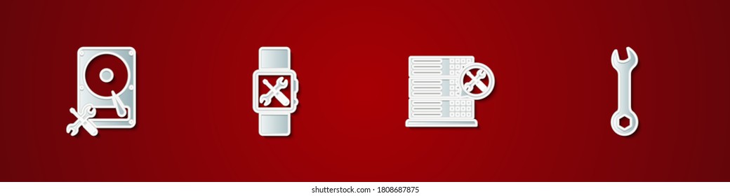 Set Hard disk drive service, Smartwatch, Database server and Wrench icon. Vector.