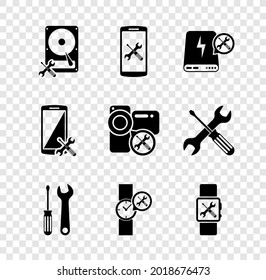Set Hard disk drive service, Smartphone, Power bank, Screwdriver and wrench, Wrist watch, Smartwatch,  and Video camera icon. Vector
