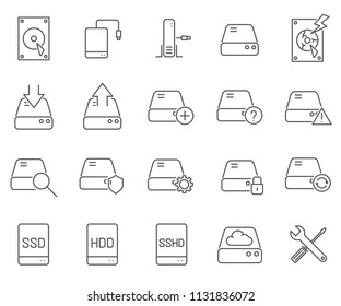 Set of hard drive Related Vector Line Icons. Includes such Icons as hard disk,  RAM, SSD, SATA, HDD and more.