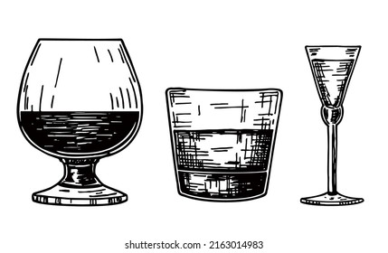 Set of hard strong alcoholic drinks and spirits in glasses in assortment. Sketch. Ink sketch isolated on white background. Hand drawn vector illustration. Retro style.