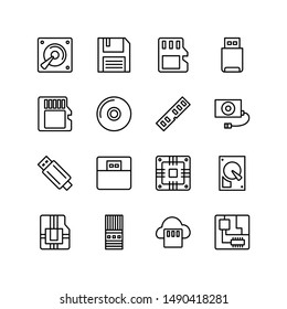 Set of hard ware line icon design, saving memory icon, hard disk illustration, disk drive sign symbol design such as disk drive, flash disk, floppy, diskette, cloud driver and others.