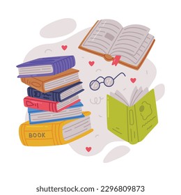 Set of hardback books and glasses. Science, hobby, education concept cartoon vector illustration