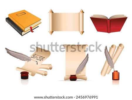 Set of hardcover books, paper scrolls and bird feathers on white background. Vector illustration