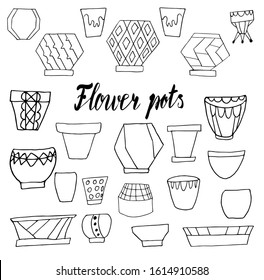 A set of hardened clay pots isolated on a white background. They draw by hand in the style of doodles. Handwritten inscription: flower pots.